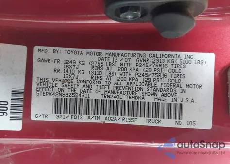 2008 Toyota Tacoma из США, поврежденный, VIN 5TEPX42N88Z524311